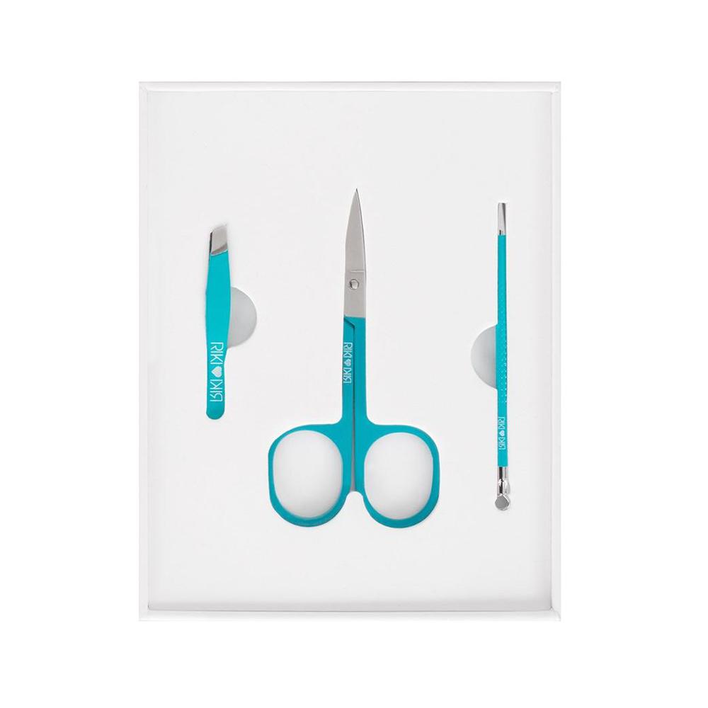 RIKI Mini Beauty Tool Set Tweezers, Extractor & Brow Scissors - Blue