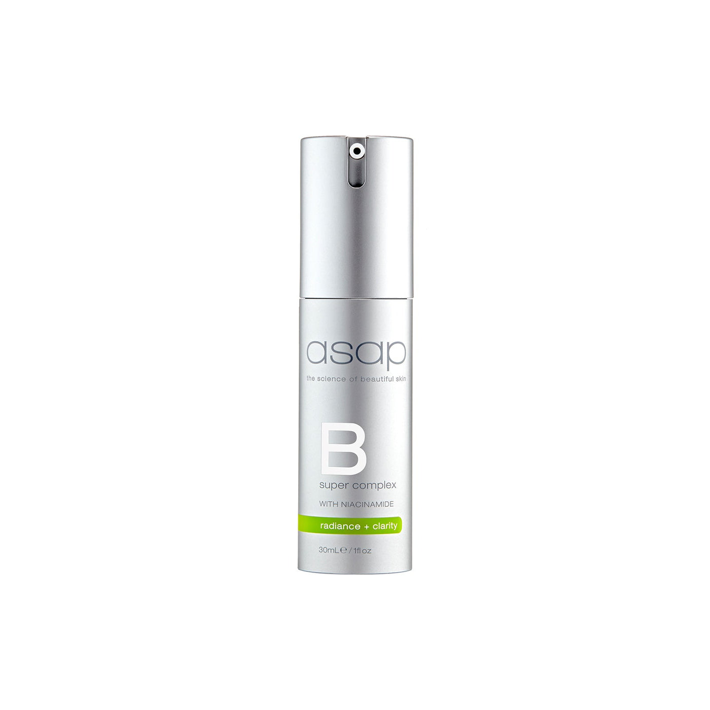 asap Super B Complex (30ml) airless serum  packaging ensures no  wastage of product.  Includes a product level  indicator window