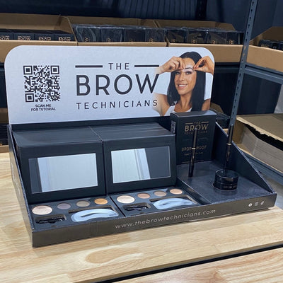 The Brow Technicians Display Stand styled with products